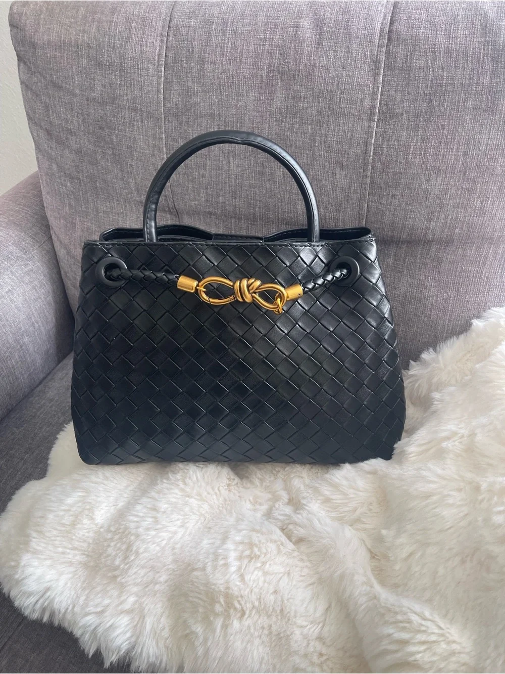Black Woven tote bag Women’s  Leather shoulder bag Top-Handle purse New